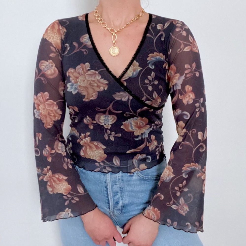 Y2K Vintage Floral Bell Sleeve Black Mesh Wrap Top